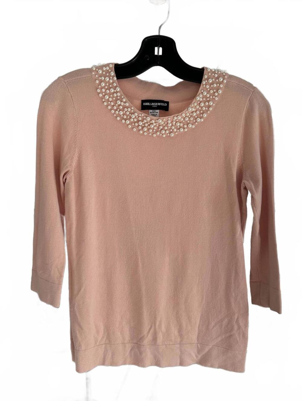 Karl Lagerfeld Paris Pearl Embellished Soft Pink 3/4 Sleeve Sweater - XS